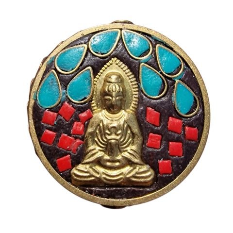 Nepáli Buddha medál kétoldalas keresztben átfúrt díszítőelem türkizkék és piros részletekkel
