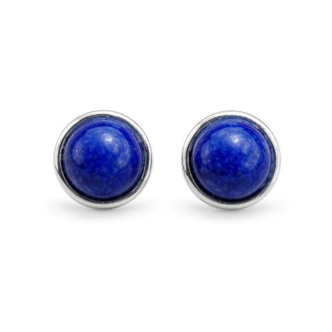 Lapis lazuli fülbevaló kerek formában, mélykék ásvánnyal és ezüst színű foglalattal.